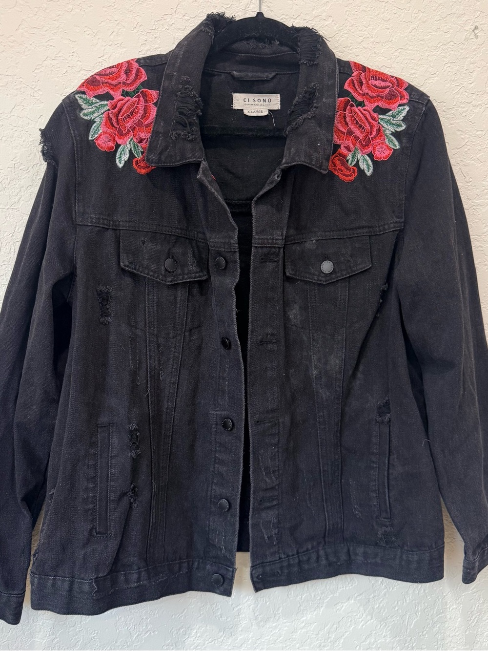 Black Denim Jacket with Red Rose Embroidery